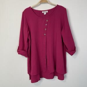 Coldwater Creek Light As Air Gauze‎ Tunic Top Petite Lg 3/4 Sleeve Magenta